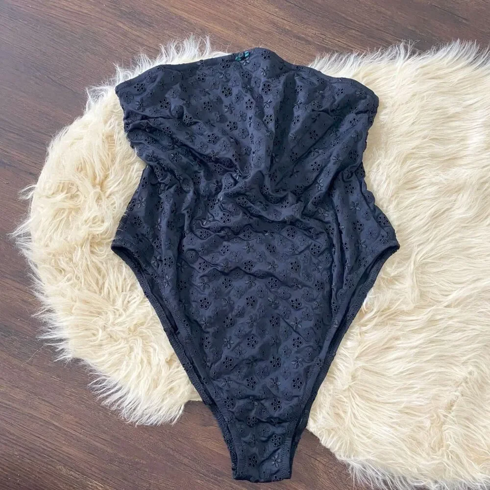 Victoria's Secret PINK  Frankies Bikinis Black Eyelet Strapless One Piece XL NWT